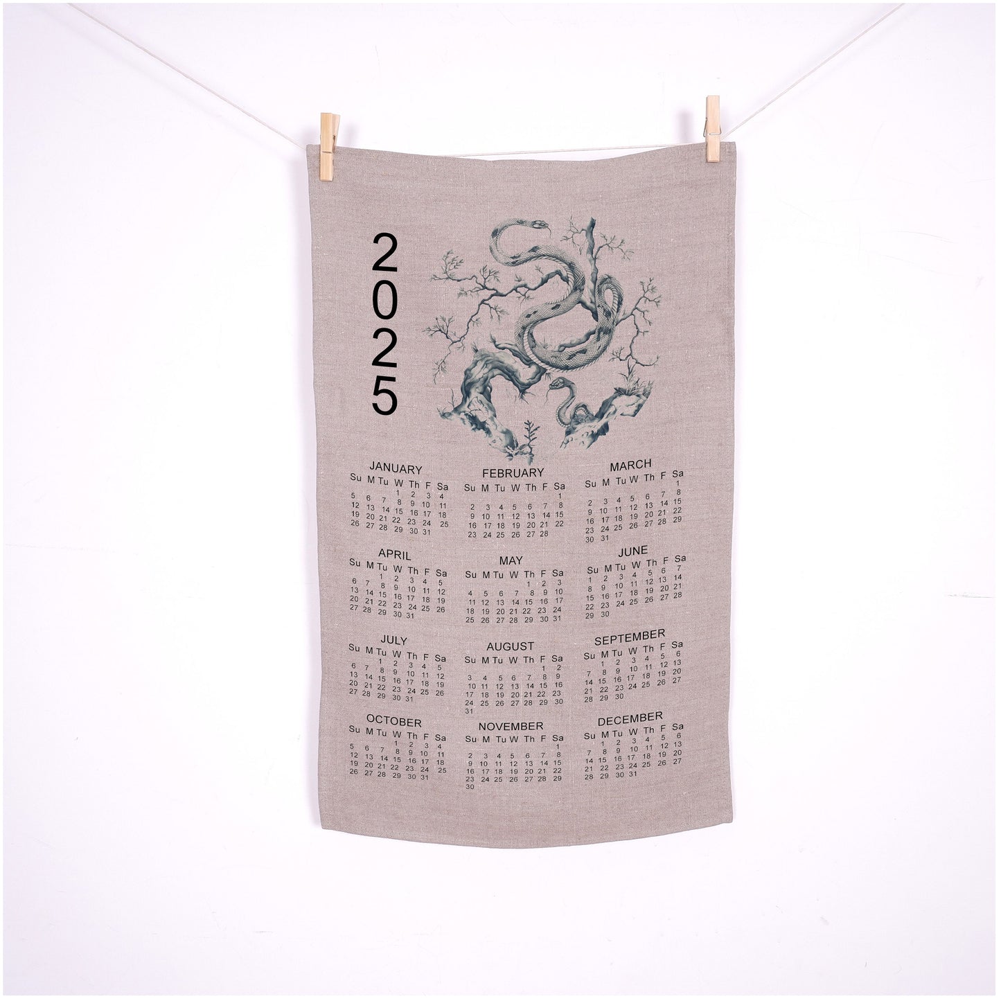 2025 Calendar Towel with year zodiac Snake in linen dark blue, linen tea towel with 2025 Calendar, linen guest towel 2025 Calendar