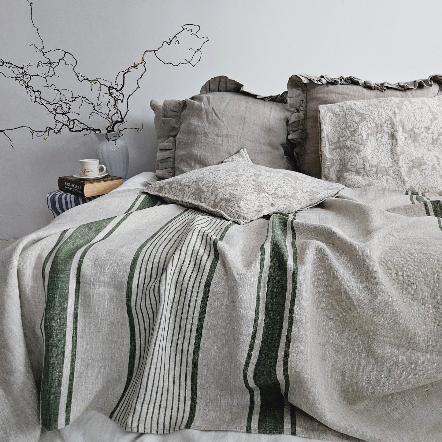 French linen Blanket, flax Bedspread - heavy weight huckaback linen bed cover - provence cottage coutrystyle Throw 100% Linen