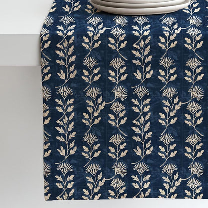 Indigo blue Linen runner - Japanese Hannes block print natural linen - indigo blue Rustic linen Marine Cottage farmhouse country style
