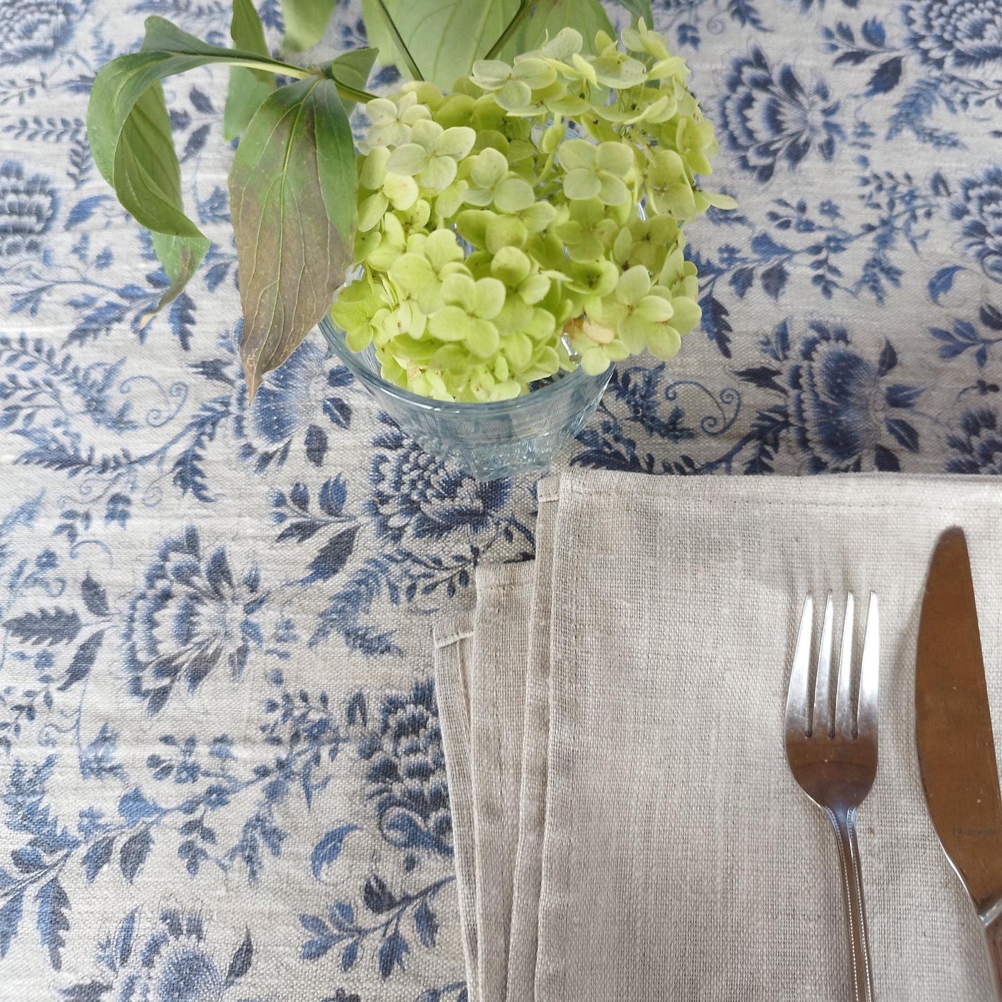 Linen foral tablecloth with blue flowers, French Retro Vintage Vibe table cloth Bohemian Wildflower Pattern