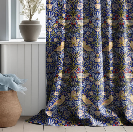 William Morris Curtain Panel Strawberry Thief, Floral with birds and strawberries Print Pattern  Curtain Panels,  Curtains for living room