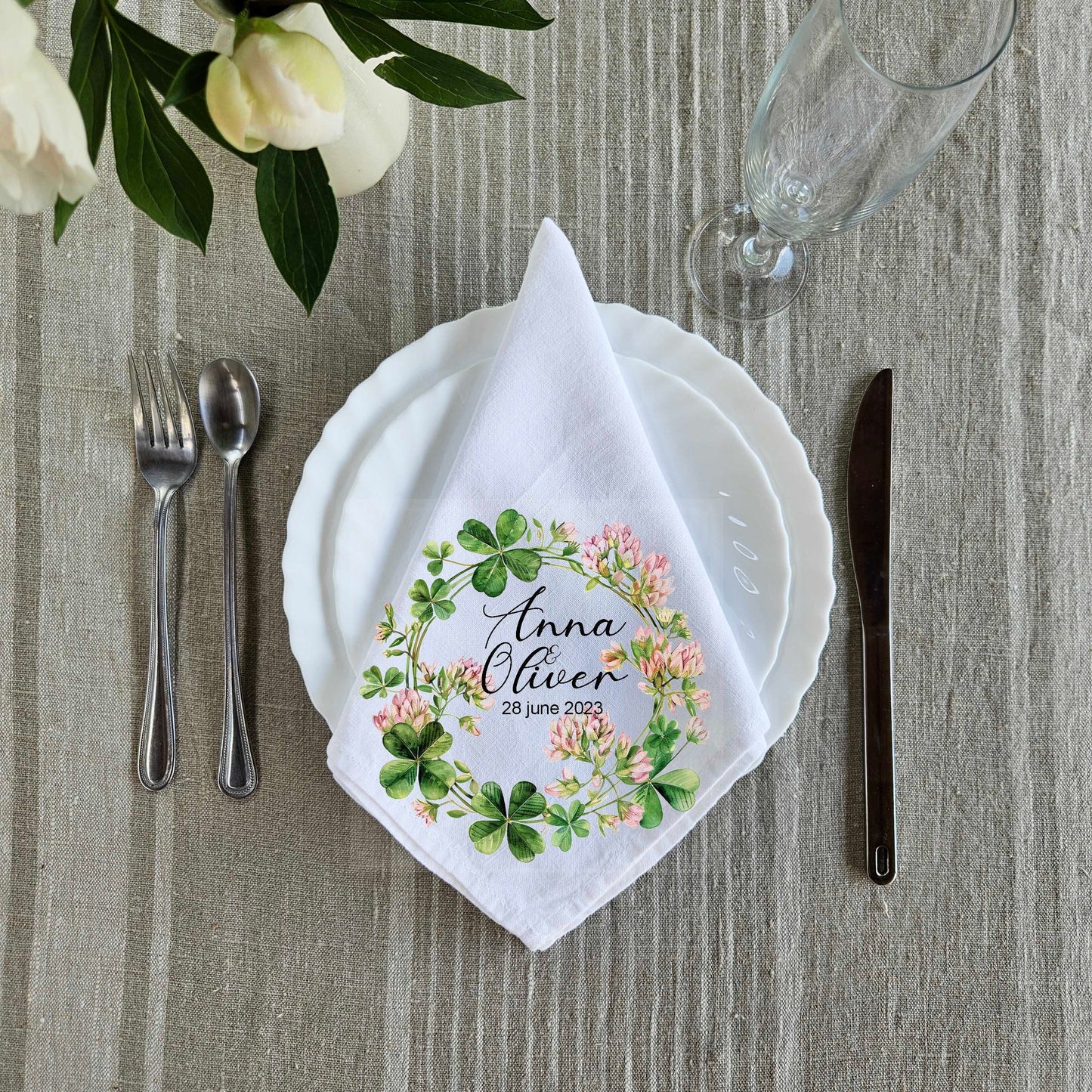 Custom Design White Cloth Cocktail Napkins with lucky clover wreath, luxury weddings menu napkins in linen, Custom Names Napkins for dinner
