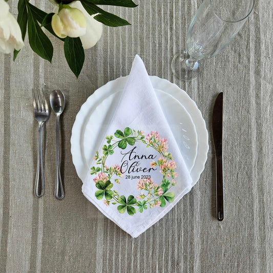 Custom Design White Cloth Cocktail Napkins with lucky clover wreath, luxury weddings menu napkins in linen, Custom Names Napkins for dinner