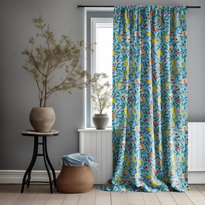 William Morris Curtain Panel Pomegranate, Floral Botanical Blue Print Curtain Panels,  Victorian Art and Crafts Curtains for living room