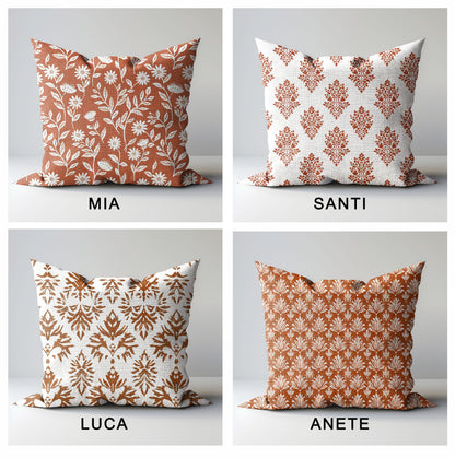 Modern rust linen Floral Pillow Cover, white rust Boho Pillow block print on linen, Coutrynome block printed pillow case in European flax