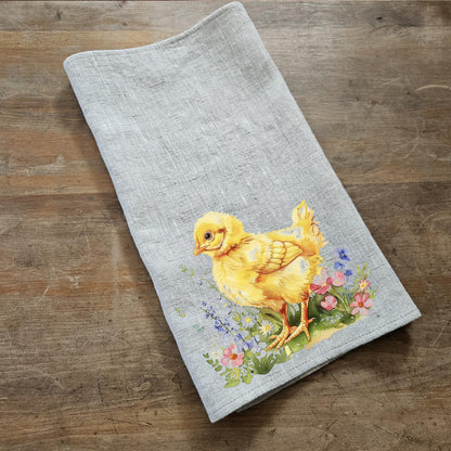 Little Chicken Floral Tea Towel in linen - Easter Hand Towels Tea - Farmhouse Floral Dish Towel - Kitchen Décor Easter Kitchen Tea Towel