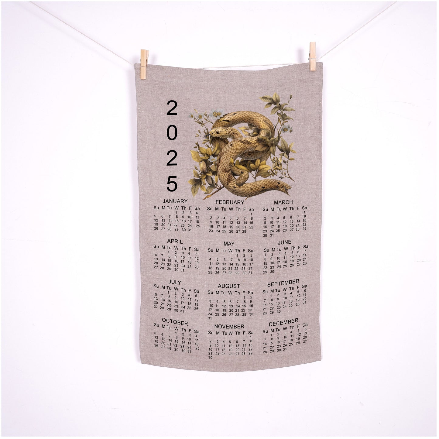 2025 Calendar Towel with year zodiac Snake in linen, linen tea towel with 2025 Calendar, linen guest towel 2025 Calendar