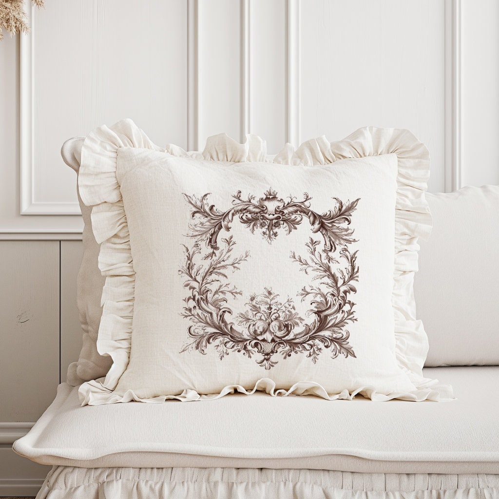 Shabby Floral Ruffle Linen Pillow Cover, French Provence Neutral Beige Cushion, French Antiques Harmhouse Cottage Chic Swedish