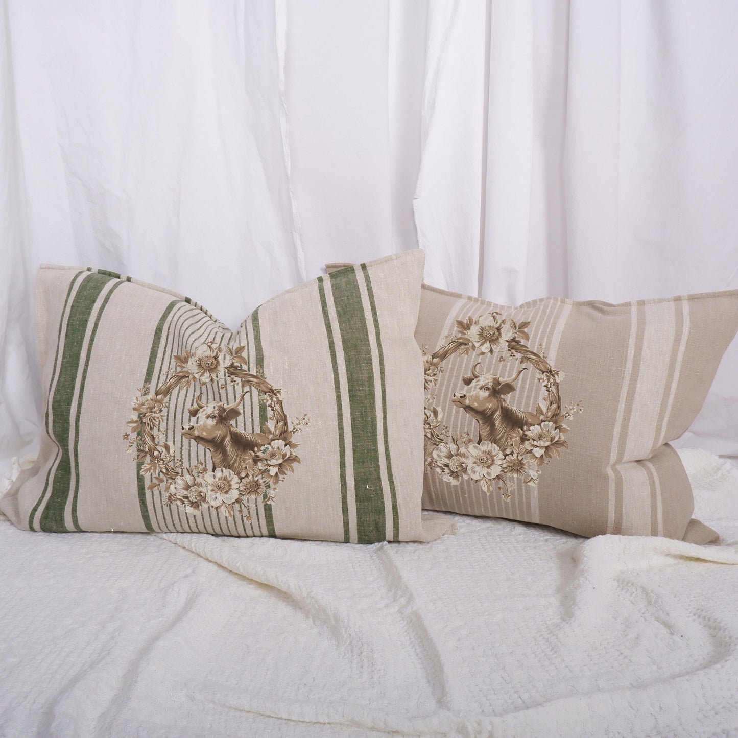 Striped linen pillowcase in french country style with cow and floral wreath print, French country linen  Grainsack cushion cover