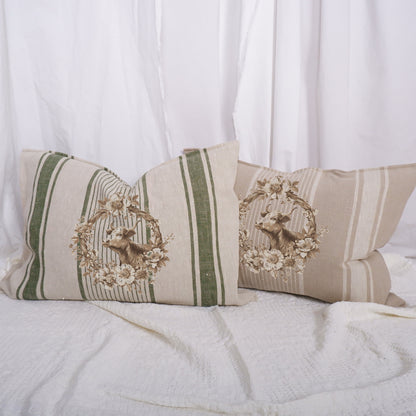 Striped linen pillowcase in french country style with cow and floral wreath print, French country linen  Grainsack cushion cover