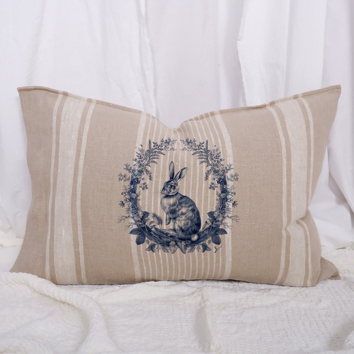 Striped linen pillowcase in french country style with rabbit and floral wreath print, French country linen  Grainsack cushion cover