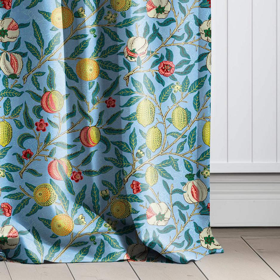 William Morris Curtain pomegranate, Floral Botanical blue Print Curtain Panels,  Curtains for living room