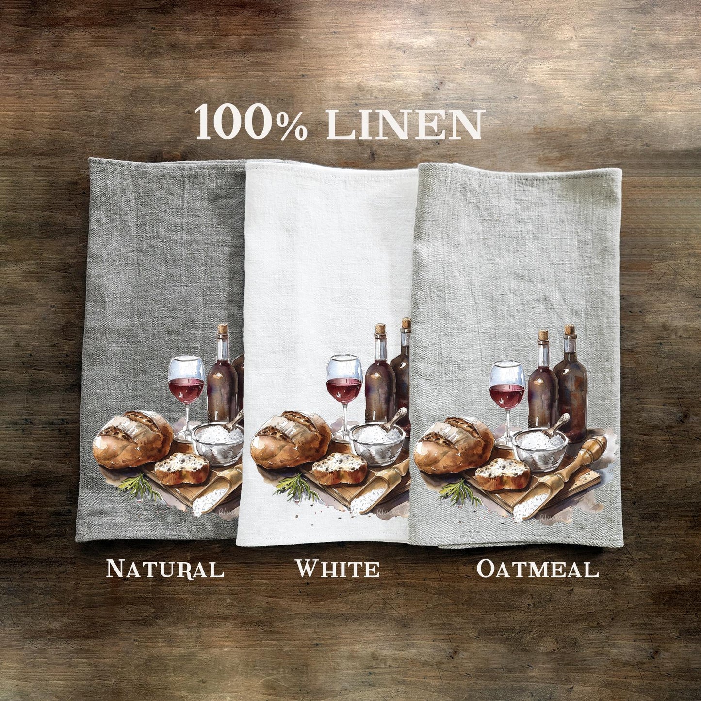 Bread & Wine Tea Towel in linen, Food lovers Hand Towels Tea, Farmhouse Dish Towel,  Kitchen Décor Tea Towel