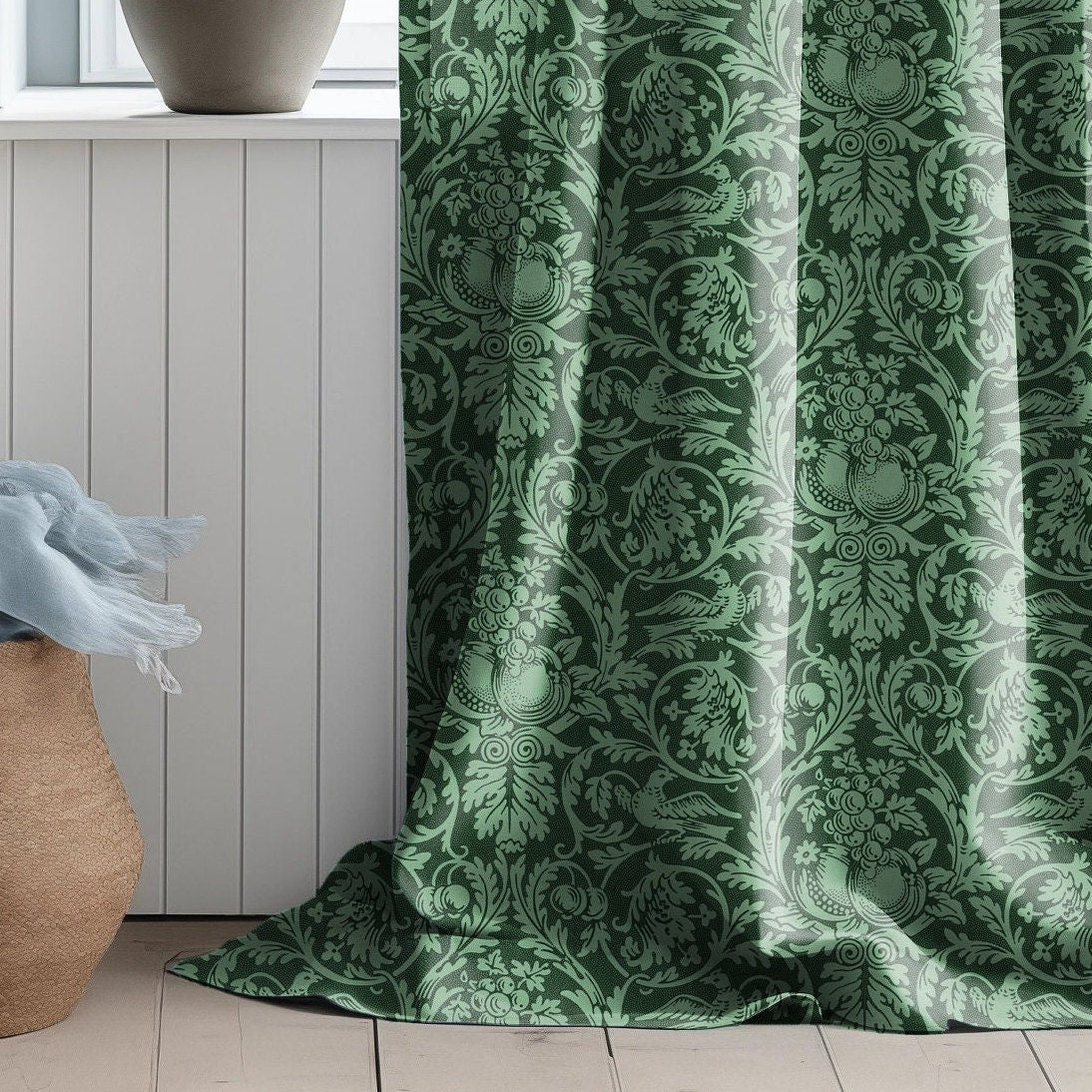 Wiliam Morris pattern Queen Anne curtains in linen in green