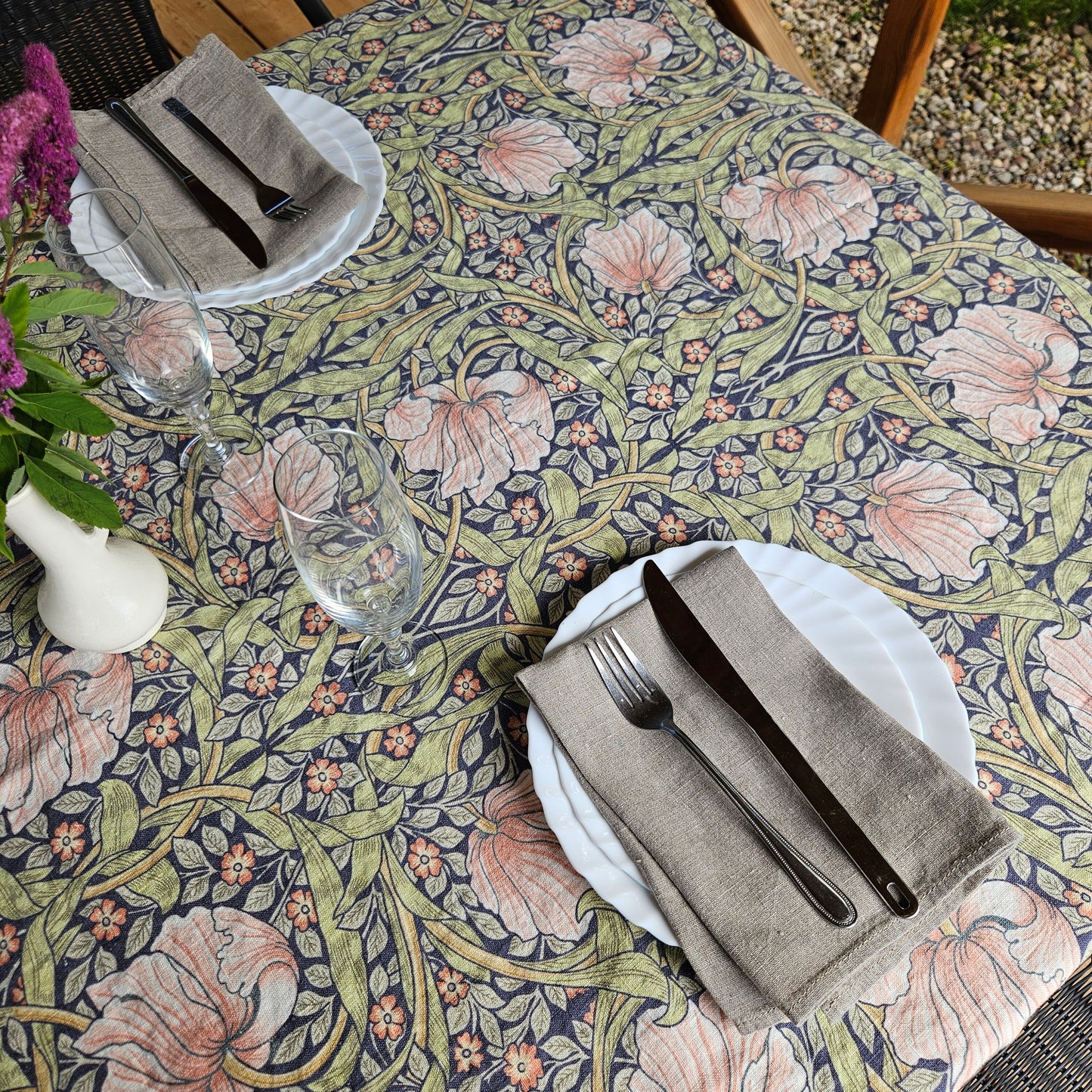 Linen foral tablecloth with birds, william Morris pimpernel tablecloth, arts and crafts movement tablecloth Victorian style