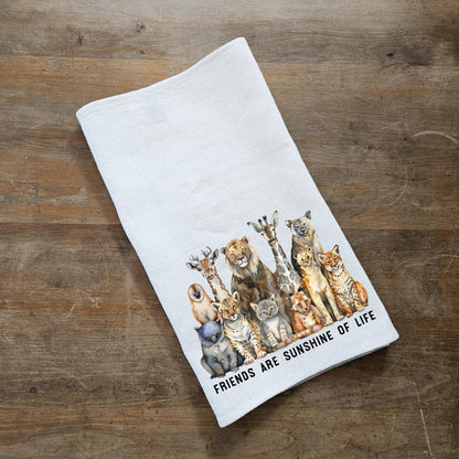 Friendship Tea Towel in linen, Hand Towels Tea with Animals, Floor sack Dish Towel Kitchen Décor Tea Towel Festive season Christmas Friends