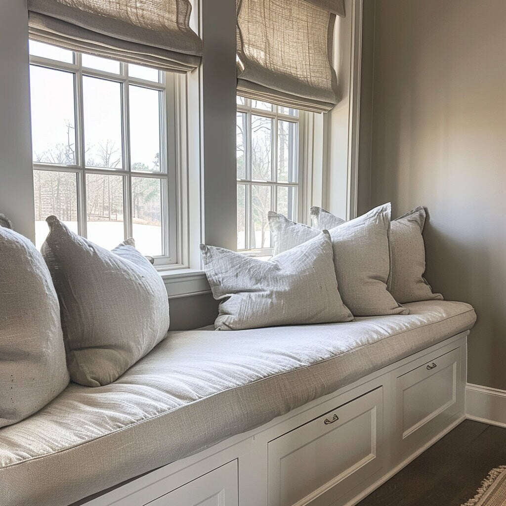 3" Bench cushion in linen in custom size, natural Window seat cushions, Handmade mudroom Cushion, Built-In Seating Kitchen Cushion