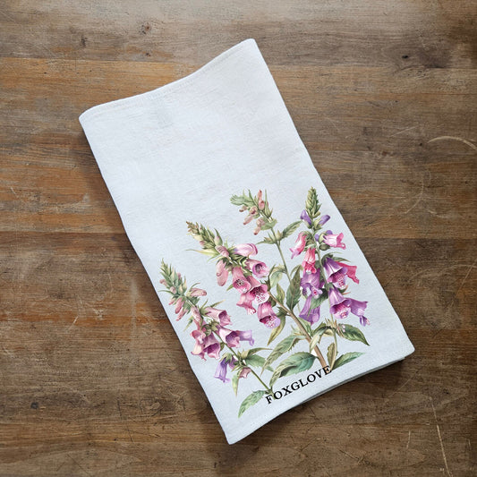 Fingerborgsblommig kökshandduk i linne, botaniska handdukar i linne, lila blommor i linne diskhandduk köksdekor kökshandduk i linne