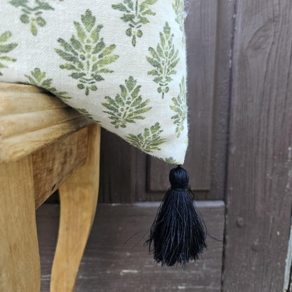 Designer Blovk print Floral on Linen Pillow Cover wiht pompons -  white green Boho Pillow - Farmhouse Floral Block printed pillow on flax