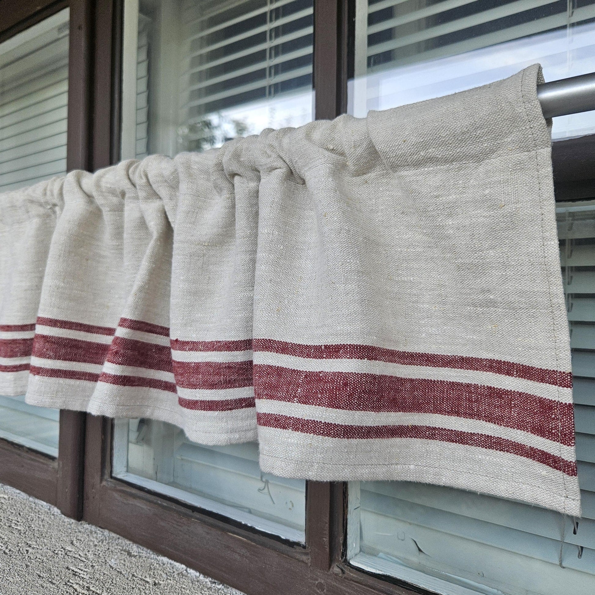 grain sack linen valance with french stripes