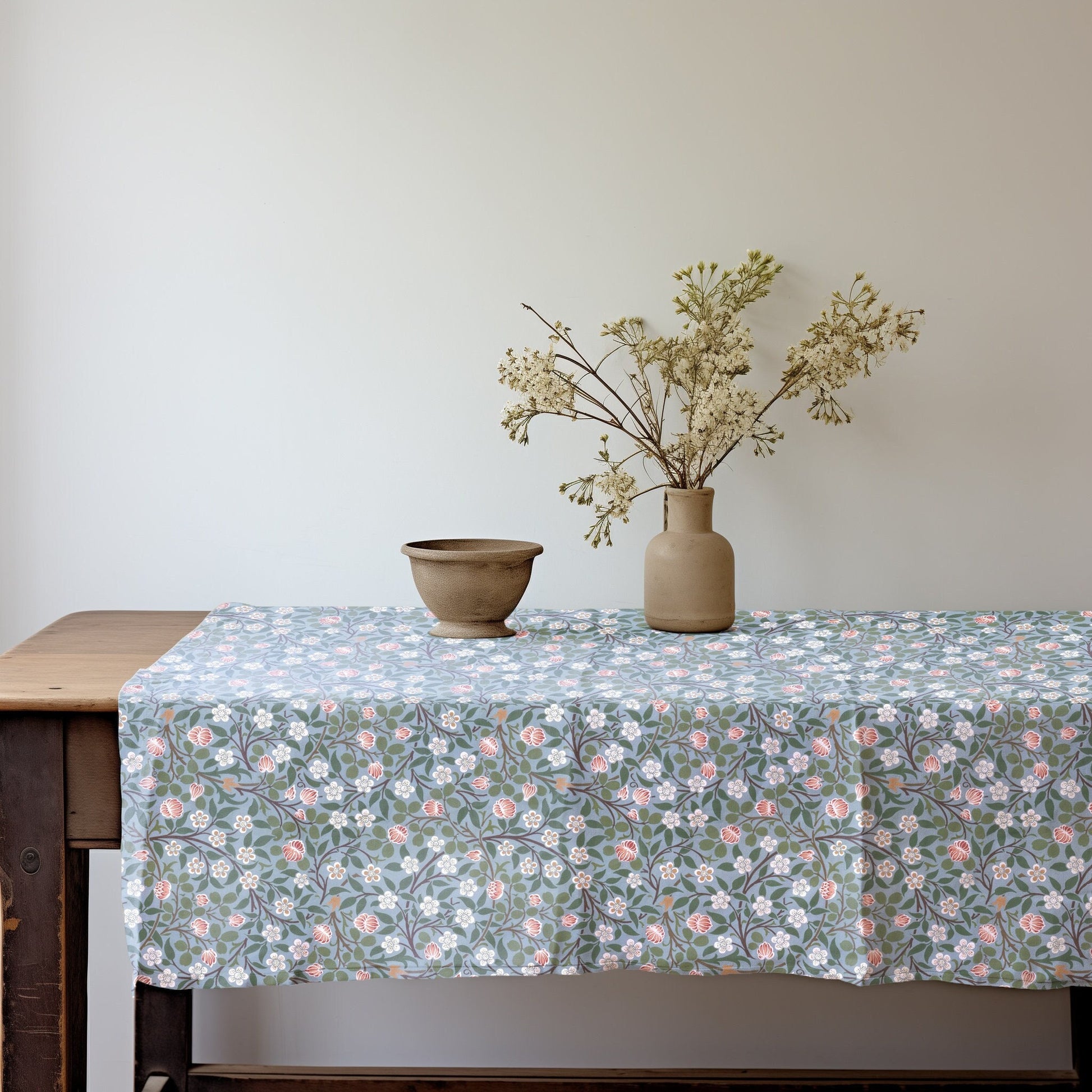linen tablecloth with William Morris print clover