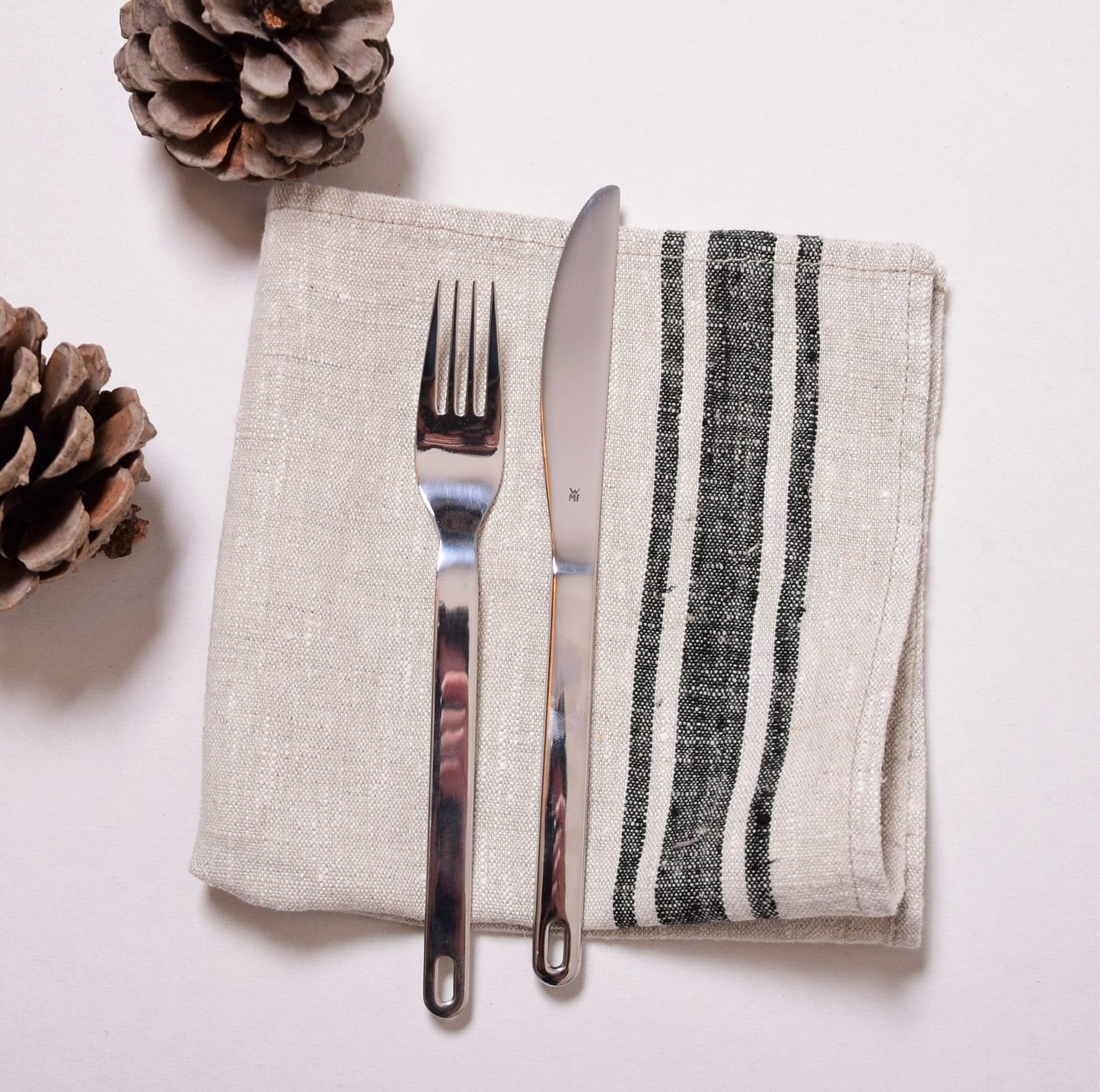 Linen napkins French linen. Natural - navy blue striped Cottage, coutry style linen. Set of linen napkins. Stonewashed. Linen cloth napkins.