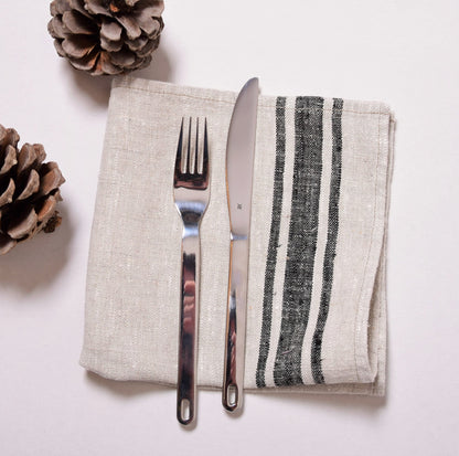 Linen napkins French linen. Natural - navy blue striped Cottage, coutry style linen. Set of linen napkins. Stonewashed. Linen cloth napkins.