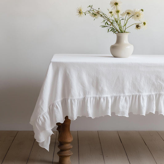 100% Linen tablecloth with RUFFLES PREWASHED white natural French table cloth rustic rectangle square oval country style