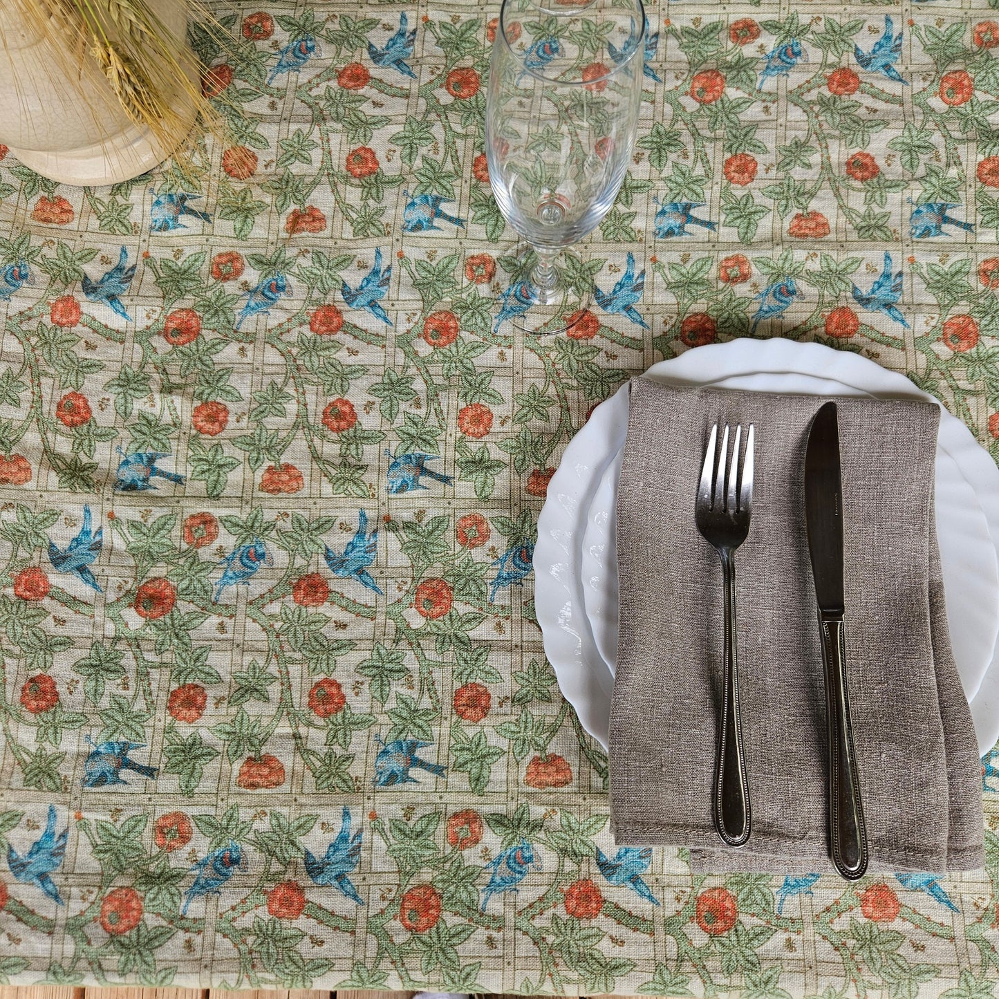 Linen floral tablecloth with birds, william Morris Trellis tablecloth with roses and birds, Victorian arts and crafts movement tablecloth