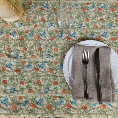 Linen floral tablecloth with birds, william Morris Trellis tablecloth with roses and birds, Victorian arts and crafts movement tablecloth