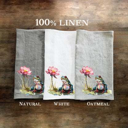Lotus floral Tea Towel in linen, Botanical Hand Towels Tea in linen, pink flowers linen  Dish Towel  Kitchen Décor Tea Towel in linen