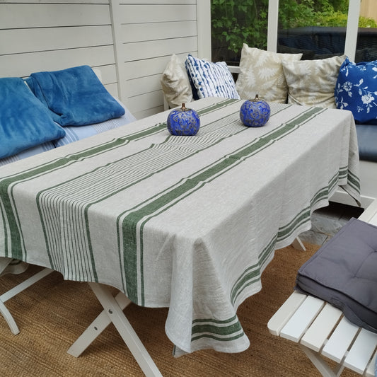 100% Linen tablecloth striped PREWASHED French table cloth rustic rectangle square oval Grey Blue country style Sack weave linen