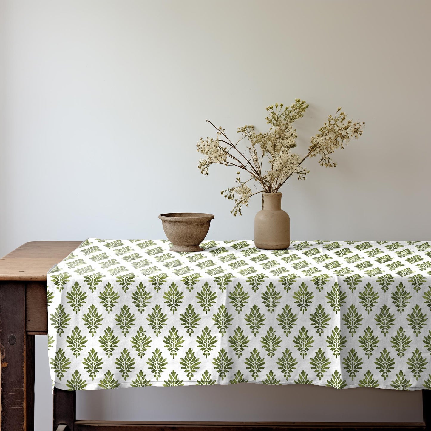 Designer Green white block stamp Linen tablecloth / Holiday Tablecloth French Table Cover in Block Printed Floral Dinning Elegant Decoration