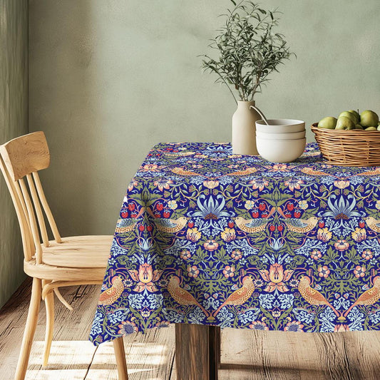 Linen tablecloth blue floral with birds - William Morris strawberry thief table cloth - English heritage Victorian arts crafts movement