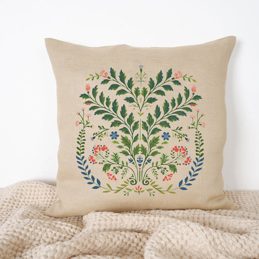 SALE LINEN Cushion cover with botanical folk art print , decorative linen pillow cover with floral print , Housewarming Gift