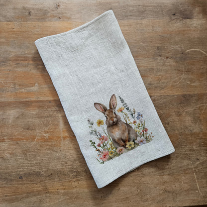 RabbitFloral Tea Towel in linen, floral bunny Hand Towels Tea, Farmhouse Floral Dish Towel,  Kitchen Décor Eastern Kitchen Tea Towel