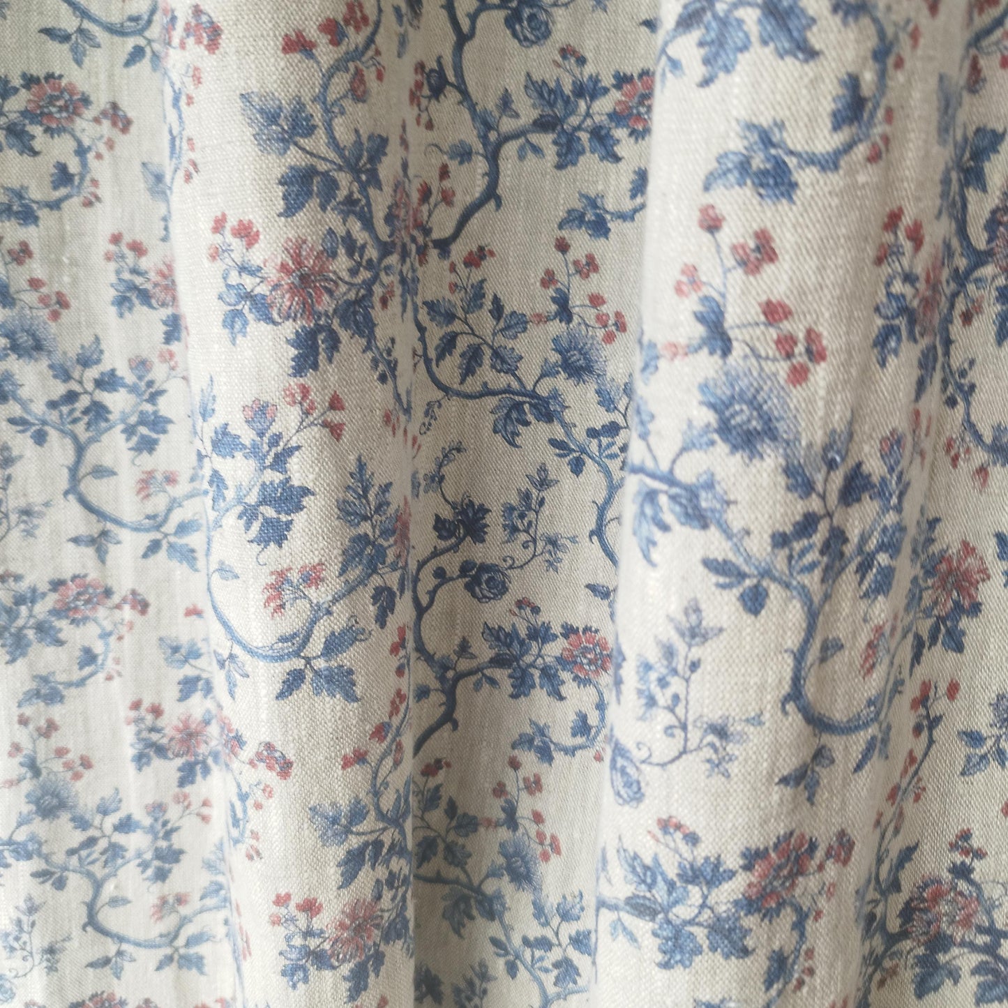 Curtains 100% Linen with botanical red blue toile de jouy print PREWASHED. kitchen Living room farmhouse linen window panel