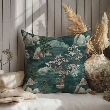 Designer Zen garden on Linen Pillow Cover -  green Japandi Pillow - Contemporary Floral Block printed pillow on flax