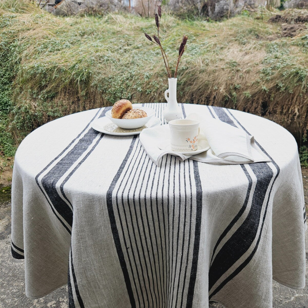 100% Linen Tablecloth in french Provance striped linen for Round  table,  Table cloth  in Natural Linen in custom size