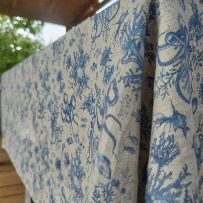 Linen foral tablecloth Blue Coastal with octopus print, French Retro Vintage table cloth Bohemian Blue on natural linen