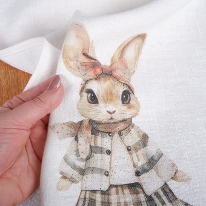Bunny Tea Towel in linen - baby rabbit Hand Towels Tea - Farmhouse Floral Dish Towel - Kitchen Décor Easter Kitchen Tea Towel