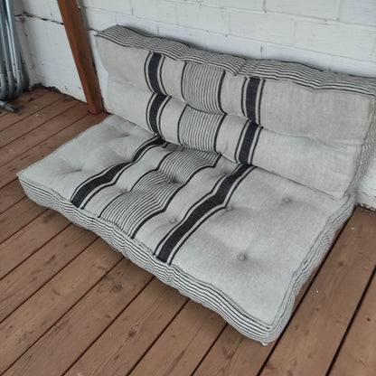 Bench cushion in French striped linen,  floor cushion in Custom size, shikibuton thick mat Shiki futon filled organic fiber filler