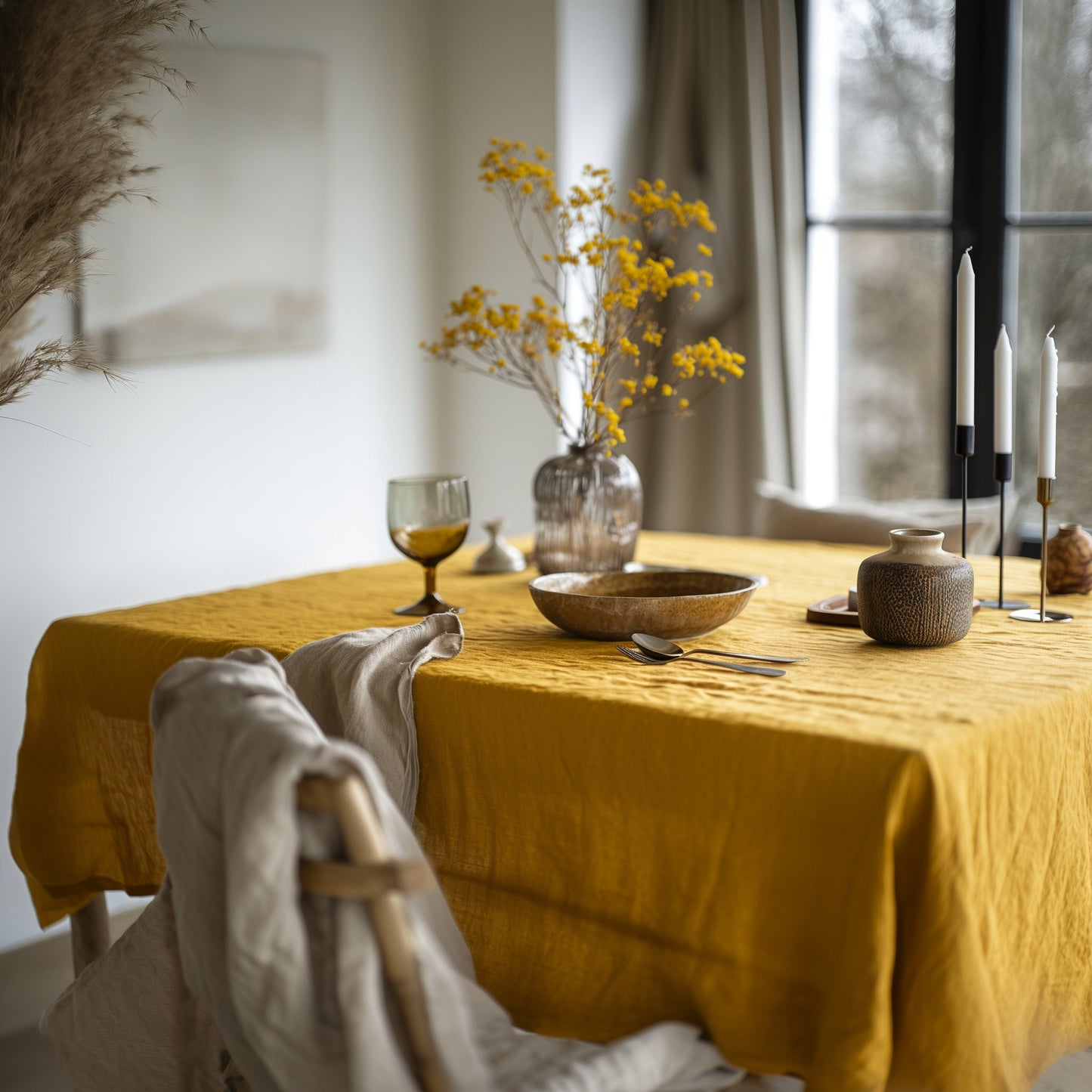 100% Linen tablecloth PREWASHED Plain color Natural French table cloth rustic rectangle square oval mustard yellow country style flax custom