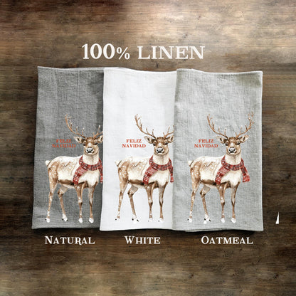 Christmas Tea Towel in linen, Reindeer Hand Towels Tea in linen Dish Holiday Kitchen Décor Feliz Navidad Frohe Weinachten Merry Christmas