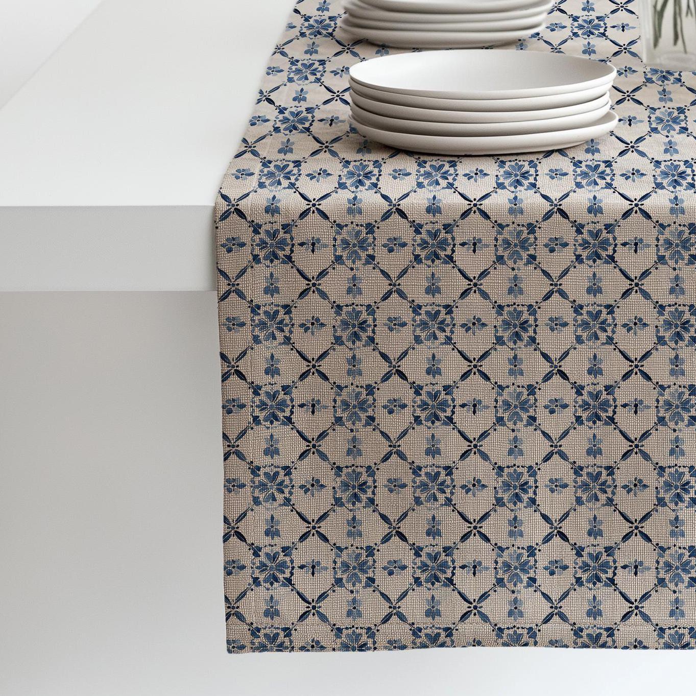 Coastal Linen runner - Swedish tile block print natural linen - indigo blue Rustic linen Marine Cottage farmhouse country style