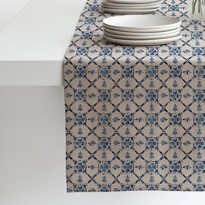 Coastal Linen runner - Swedish tile block print natural linen - indigo blue Rustic linen Marine Cottage farmhouse country style