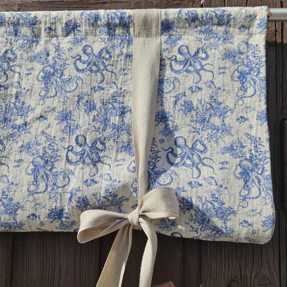Linen curtains valance with tie up Octopus print -  Nautical farmhouse kitchen door curtains  in custom size with print