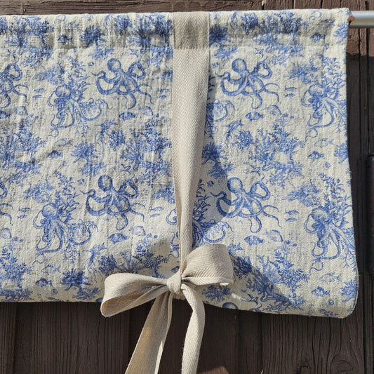 Linen curtains valance with tie up Octopus print -  Nautical farmhouse kitchen door curtains  in custom size with print