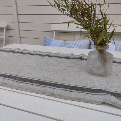 Linen runner - french sack linen - Grey black striped Rustic linen Cottage farmhouse country style linen -Stonewashed 100% linen rustic