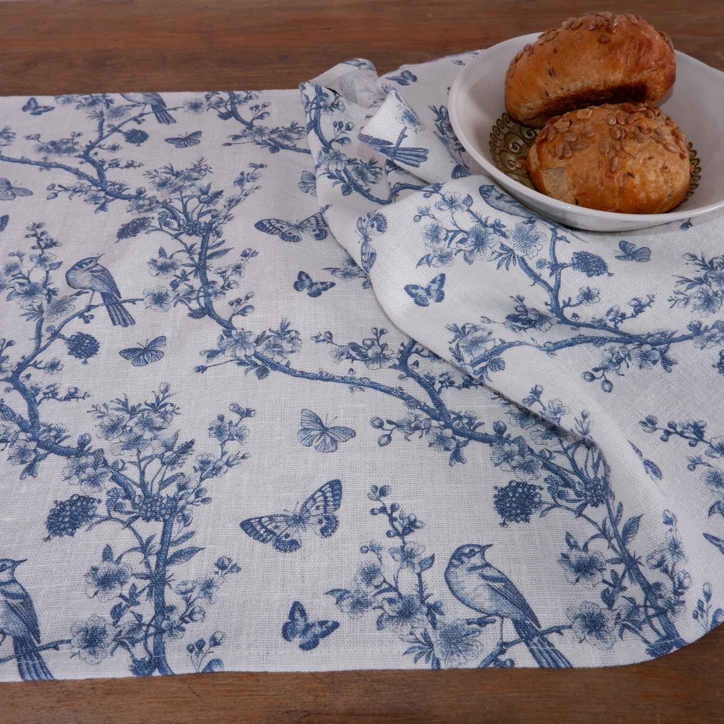French Tea Towel in linen with toile de jouy print Birds and Butterflies, floral Hand Tea Dish Towel Kitchen Décor Tea Towel